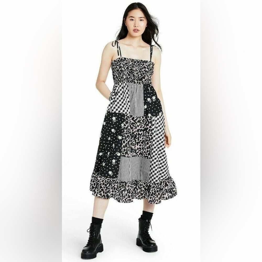 Sandy Liang Black & White Patchwork Smocked Midi Dress XS NWOT